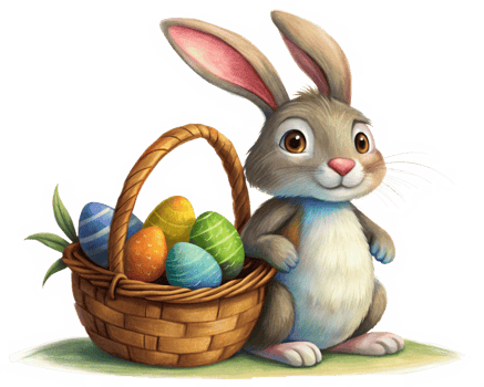 Rabbit Holding Basket Overflowing With Holiday Eggs png