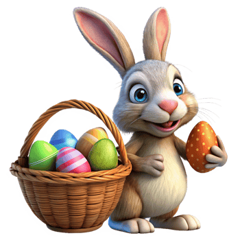 Bunny Holding Basket With Bright Painted Eggs png