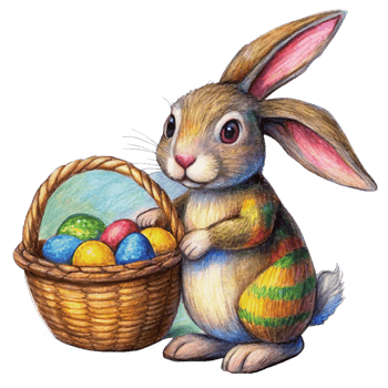 Rabbit Holding Wicker Basket With Painted Eggs png