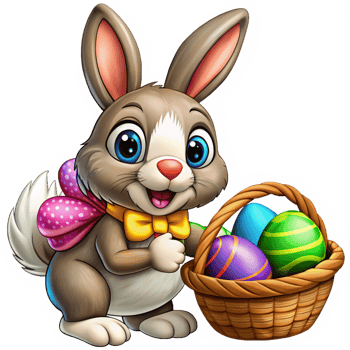 Rabbit With Basket of Rainbow Colored Eggs png