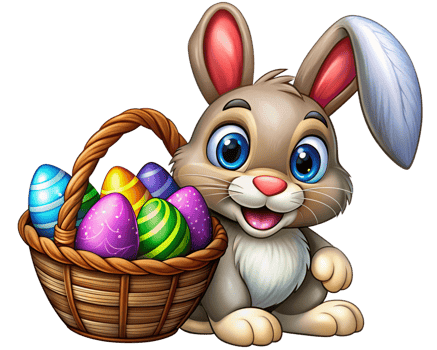 Bunny With Wooden Basket of Colorful Easter Eggs png