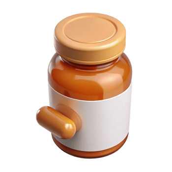 dazzling retro Pill bottle with amber glass, childproof cap, white label, studio lighting, front view, render, isolateon transparent background,high-resolution product photography ultra HD png