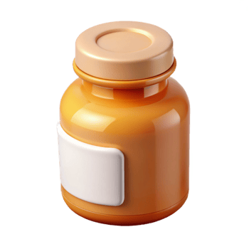 distinctive bohemian Pill bottle with amber glass, childproof cap, white label, studio lighting, front view, render, isolateon transparent background,high-resolution product photography flawless png
