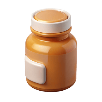 pristine celebratePill bottle with amber glass, childproof cap, white label, studio lighting, front view, render, isolateon transparent background,high-resolution product photography png