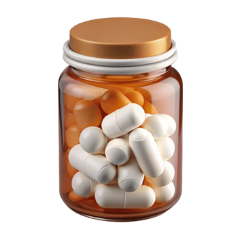 serene inspirePill bottle, amber glass, fillewith white capsules, childproof cap, soft lighting, front view, photorealistic, isolateon transparent background,high-resolution product photography png