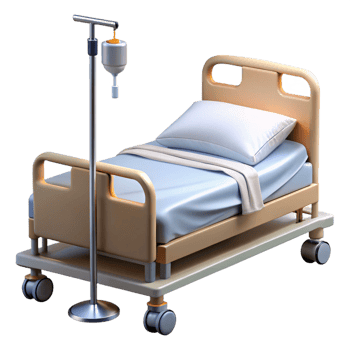 dramatic fascinating Hospital bed, adjustable frame, side rails, IV pole, white linens, studio lighting, photorealistic, isolateon transparent background,high-resolution product photography detailed png