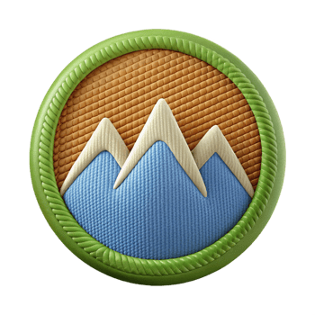 serene memorable Woven fabric patch logo with a mountain range design, detailestitching, natural lighting, front view, isolateon transparent background,high-resolution product photography png