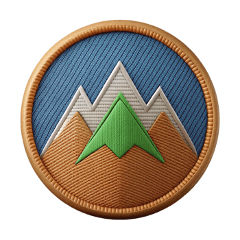 sumptuous distinctive Woven fabric patch logo with a mountain range design, detailestitching, natural lighting, front view, isolateon transparent background,high-resolution product photography png