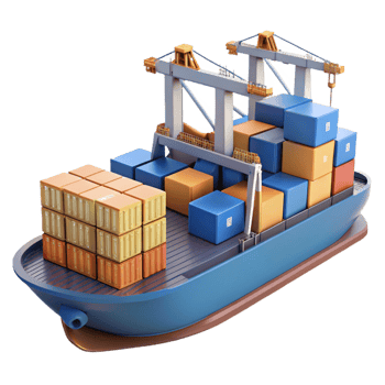 elegant timeless Cargo ship, container stacks, detailecranes, studio lighting, side view, render, isolateon transparent background,high-resolution product photography png