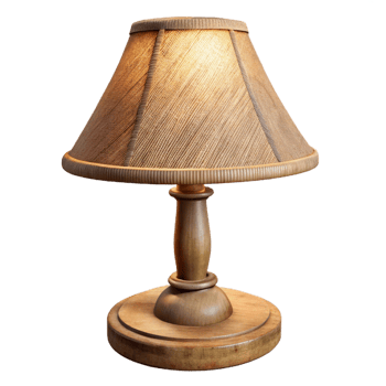 immaculate signature Rustic wooden table lamp, carvedetails, burlap shade, warm ambient light, isolateon transparent background,high-resolution product photography png