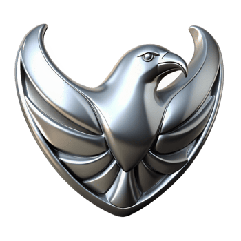 romantic exquisite Chrome-platelogo of a stylizeeagle, highly reflective surface, studio lighting, front view, isolateon transparent background,high-resolution product photography handcrafted png