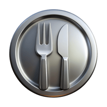 mysterious striking Stainless steel logo of a fork anknife, brushefinish, studio lighting, front view, isolateon transparent background,high-resolution product photography high quality png