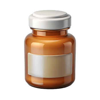 impressive iconic Pill bottle, amber glass, with childproof cap, white label, studio lighting, front view, isolateon transparent background,high-resolution product photography png
