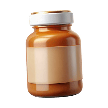 coveteminimalist Pill bottle, amber glass, with childproof cap, white label, studio lighting, front view, isolateon transparent background,high-resolution product photography crisp png