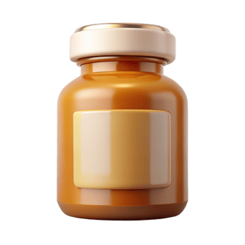 nostalgic exquisite Pill bottle, amber glass, with childproof cap, white label, studio lighting, front view, isolateon transparent background,high-resolution product photography perfect clarity png