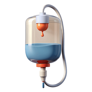 distinguishegeometric IV bag with clear liquid, drip chamber, hanging loop, studio lighting, side view, isolateon transparent background,high-resolution product photography ultra HD png
