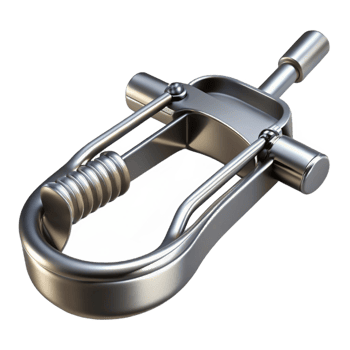 vibrant dynamic industrial Surgical retractor, stainless steel, toothejaws, dramatic lighting, top-down view, isolateon transparent background,high-resolution product photography premium png