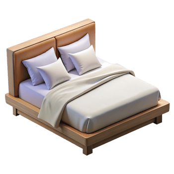 standout avant-garde Plush king-size bed, white linen sheets, multiple pillows, wooden frame, soft lighting, isolateon transparent background,high-resolution product photography top-tier png