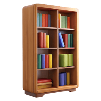 enchanting notable Tall oak bookcase, fillewith colorful books, detailewoograin, studio lighting, front view, isolateon transparent background,high-resolution product photography png