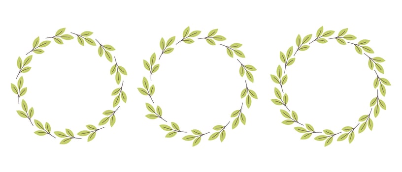 Cute gently simple flower circle frame. Hand drawn botanical round border, green branches wreath, laurel. Design for invitation, card, banner, logo vector