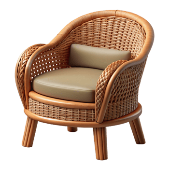 striking standout Wicker chair, natural wicker, rustic style, soft lighting, front view, isolateon transparent background,high-resolution product photography png