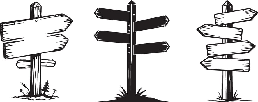 Wooden Signpost Silhouette line art Illustrations Set vector