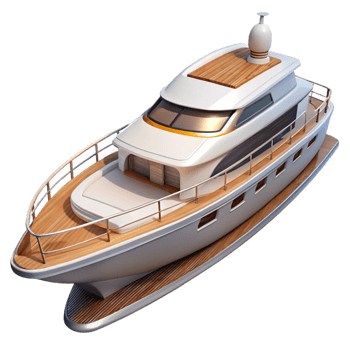 sought-after geometric Luxury yacht, white hull, wooden deck, chrome railings, studio lighting, side view, detaileillustration, isolateon transparent background,high-resolution product photography 8K png