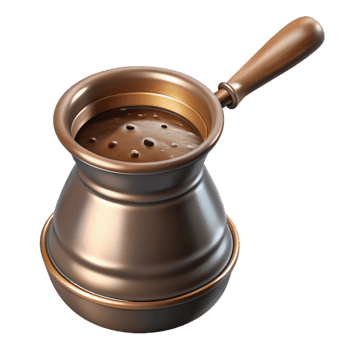 dazzling unforgettable Turkish coffee pot cezve with frothy coffee, studio lighting, metallic finish, photorealistic, isolateon transparent background,high-resolution product photography png