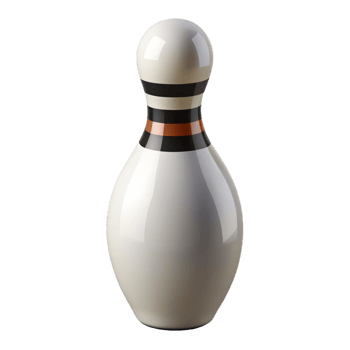 sought-after impressionist Single white bowling pin with three black stripes, glossy finish, studio lighting, front view, isolateon transparent background,high-resolution product photography original png
