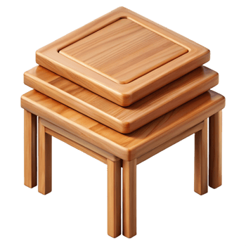 exquisite peaceful bohemian Small wooden nesting tables, stacked, visible woograin, studio lighting, isolateon transparent background,high-resolution product photography premium png