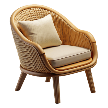mesmerizing avant-garde Wicker patio chair with a roundeback ancushioneseat, natural finish, studio lighting, isolateon transparent background,high-resolution product photography handcrafted png