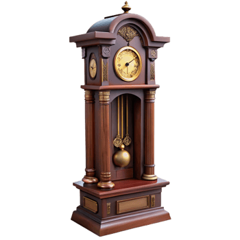 mesmerizing coveteAntique grandfather clock with intricate carvings ana pendulum, dark woofinish, dramatic lighting, front view, isolateon transparent background,high-resolution product photography png
