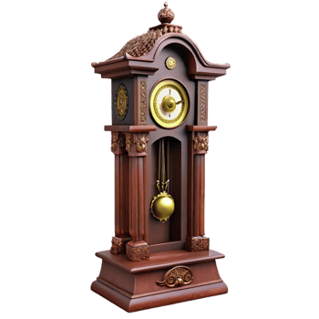 hypnotic iconic Antique grandfather clock with intricate carvings ana pendulum, dark woofinish, dramatic lighting, front view, isolateon transparent background,high-resolution product photography png