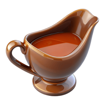 extraordinary joyful creative Glass gravy boat fillewith rich brown gravy, glossy finish, studio lighting, isolateon transparent background,high-resolution product photography high quality png