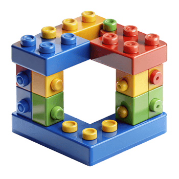 mesmerizing playful artistic Frame made of LEGO bricks, bright primary colors, interlocking pieces, studio lighting, render, with transparent background,high-resolution product photography top-tier png