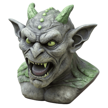 dramatic bolartistic A grotesque gargoyle head, carvefrom grey stone, weathereanmoss-covered, dramatic lighting, isolateon transparent background,high-resolution product photography ultra HD png