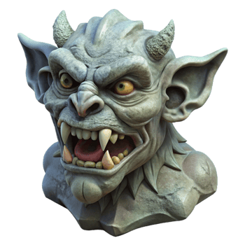 magnificent mid-century A grotesque gargoyle head, carvefrom grey stone, weathereanmoss-covered, dramatic lighting, isolateon transparent background,high-resolution product photography ultra HD png