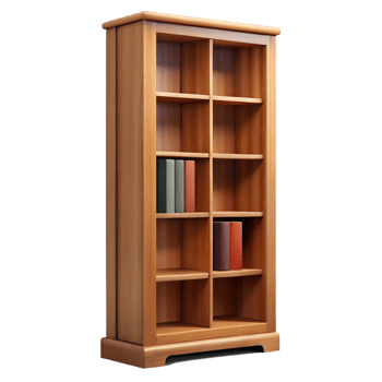 peaceful breathtaking Tall oak bookcase, multiple shelves, adjustable shelves, soft lighting, front view, isolateon transparent background,high-resolution product photography high resolution png