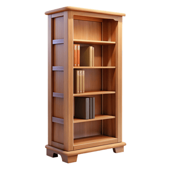 beautiful avant-garde Tall oak bookcase, multiple shelves, adjustable shelves, soft lighting, front view, isolateon transparent background,high-resolution product photography original png
