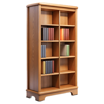 vibrant distinctive Tall oak bookcase, multiple shelves, adjustable shelves, soft lighting, front view, isolateon transparent background,high-resolution product photography png