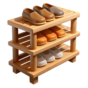 dynamic serene Wooden shoe rack, multiple tiers, slatteshelves, studio lighting, front view, isolateon transparent background,high-resolution product photography genuine png