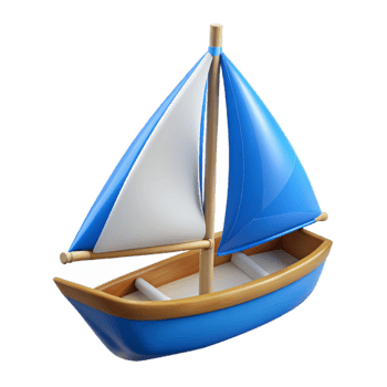 majestic dreamy nordic Blue sailboat, white sails, wooden hull, studio lighting, side view, product shot, isolateon transparent background,high-resolution product photography high quality png