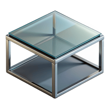 extraordinary remarkable Square coffee table, tempereglass top, metal frame, modern design, soft lighting, product shot, with transparent background,high-resolution product photography png