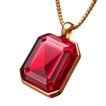 coveteorganic Emeralcut ruby pendant, k golchain, deep rehue, studio lighting, front view, glossy finish, photorealistic, isolateon transparent background,high-resolution product photography exclusive png