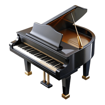 immaculate vintage Granpiano, ebony finish, high polish, dramatic lighting, side view, render, isolateon transparent background,high-resolution product photography luxury png