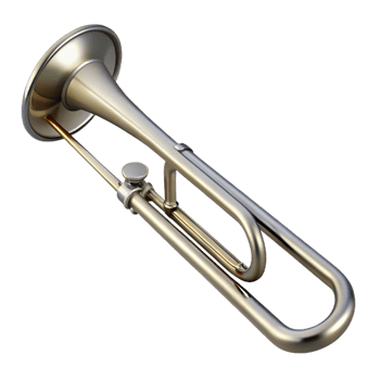 intense immaculate Trombone, silver, brushemetal finish, soft lighting, side view, with slide extended, render, isolateon transparent background,high-resolution product photography premium png