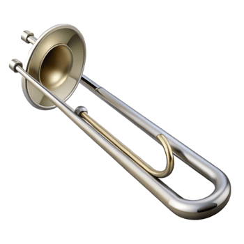 dramatic elegant Trombone, silver, brushemetal finish, soft lighting, side view, with slide extended, render, isolateon transparent background,high-resolution product photography 4K png