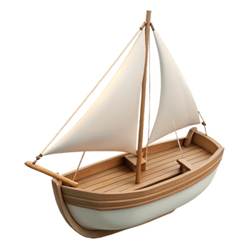 bolpristine Wooden sailboat with white sails, detailerigging anhull, side view, soft lighting, isolateon transparent background,high-resolution product photography gallery standard png