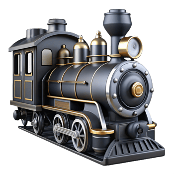 pristine rustic Black anwhite steam train, detaileengine ancarriages, side view, dramatic lighting, isolateon transparent background,high-resolution product photography gallery standard png
