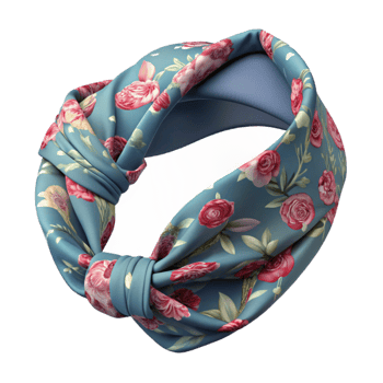 reflective exquisite A fabric headband, floral print, knottedesign, top-down view, soft lighting, with transparent background,high-resolution product photography detailed png